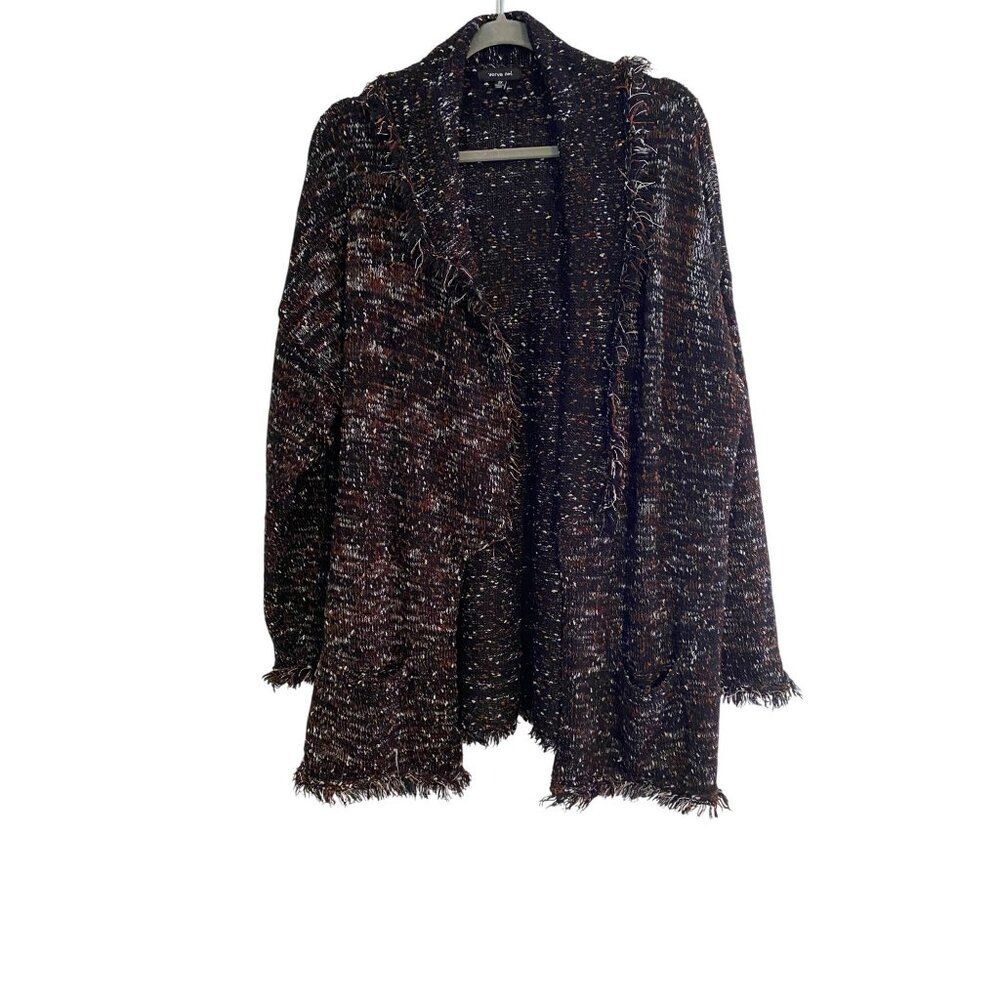 Verve Ami Open-Front Cardigan Mingled Black/Orange/White/Brown 2X Frayed Hem